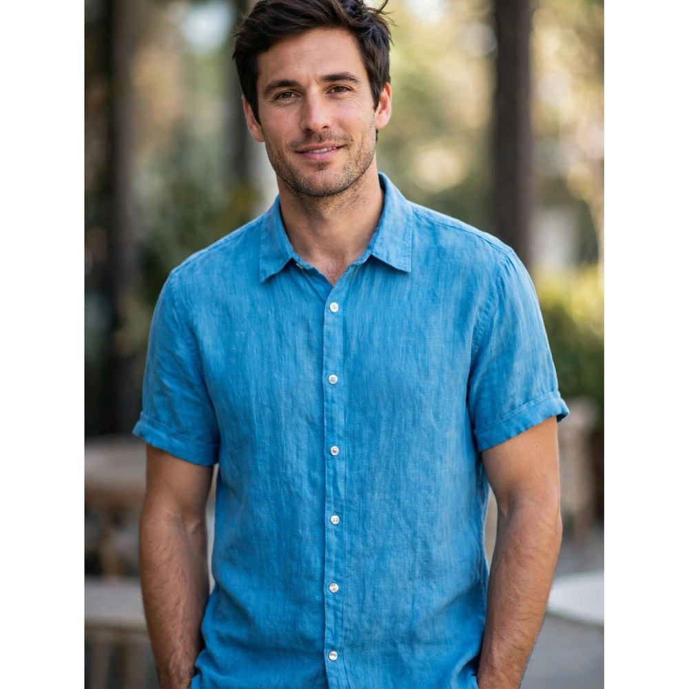Perry Ellis Mens Large Turquoise Blue 100% Linen Short Sleeve Button Down Shirt